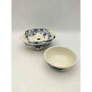 Jersey Antique Sponge Holder, Draining Rack And Shaving Bowl, English Ceramic, Blue Floral Decor