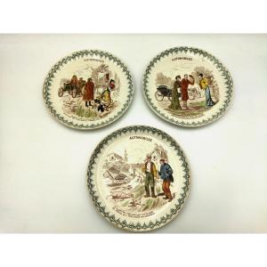 Creil & Montereau 3 Antique Plates With Inscriptions, Automobile Theme, 19th Century Earthenware, Collection