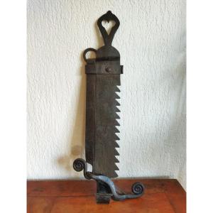 Wrought Iron Rack Dated 1867, Decorated With A Heart Motif. Antique Fireplace Accessory, 19th Century Collection.