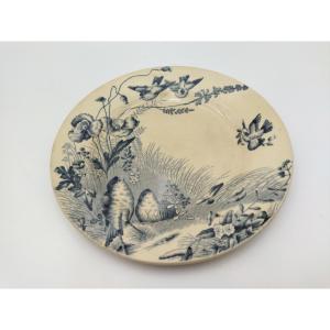 Vieillard Bordeaux Antique Earthenware Plate "birds" Pattern Poppy Decoration Terre De Fer