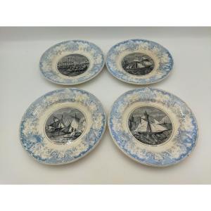 Vieillard Bordeaux Set Of 4 Antique Plates With Legends And Illustrations, Ship Theme, 19th Century