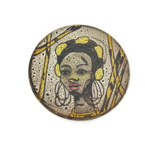 Vallauris Large Decorative Platter With African Head, Vintage Earthenware Signed Bessone 