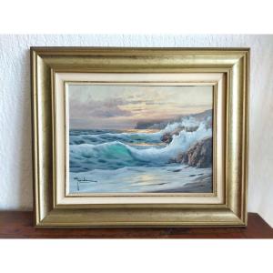 Giordani Oil On Canvas Landscape Coastal Sea Cliff Rough Sea
