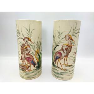 Lunéville Keller & Guerin Pair Of Antique Earthenware Roller Vases Decorated With Waders XIX