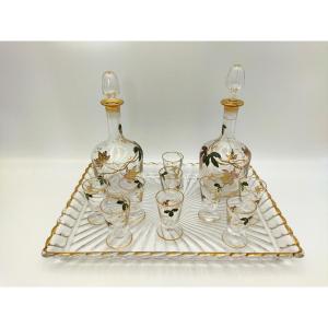 Art Nouveau Service à Liqueur Flacons Et Verrerie Motif Floral émaillé XIX