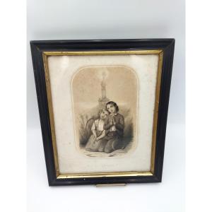 l'Angélus Antique Engraving Jeunes Enfants Priant Scène Pieux Champêtre Ed. Dopter Paris XIX