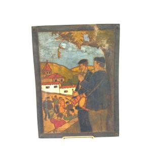 Floutier Bussy Painted Wooden Panel Basque Scene Dancer Txistu Player Collection