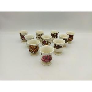 Chrysanthemum" 10 Egg Cups In English Earthenware With Floral & Plant Motifs