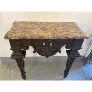 Carved Oak Wall Console With Marble Top, 19th Century