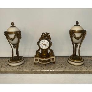 Vintage Clock With Pair Of Reversible Cassolette Candlesticks Louis XVI Style