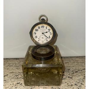 Crystal Inkwell Clock With Pocket Watch Mappin & Webb