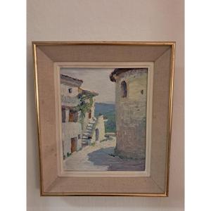 Oil Painting On Wood, View Of Puygiron, Drôme.