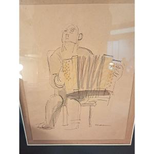 Watercolor By Tudeau The Accordionist, 1940