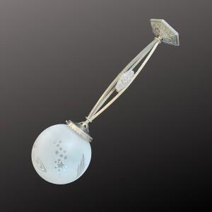 Deveau Art Deco Chandelier, Star And Planet Decor In Acid-etched Glass, Nickel Plated Mount