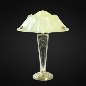 Muller Frères Uranium Glass Nickel Plated Bronze Lamp, Art Deco