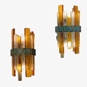 Mid Century Wall Lights In Hammered Murano Glass And Wrought Iron By Longobard Italy, Sconces
