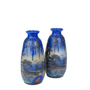 Pair Of Art Deco Enamelled Glass Vases By Clio - Cabinet Display