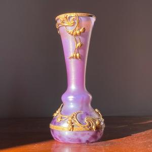 Art Nouveau Bohemian Vase In  Amethyst Satin  Glass, Gold Decoration, Glassware, Circa 1900