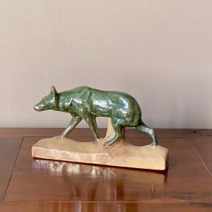 Glazed Ceramic Wolf, Foëcy School, Attributed To The Workshop Of Louis Lourioux, Art Deco