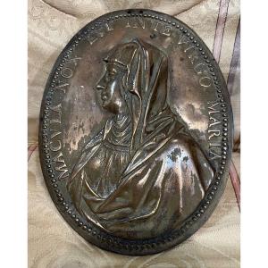 Beautiful Bronze Plaque, Oval, Portrait Of The Virgin In Profile, 17th Century.