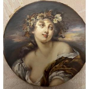 Miniature On Ivory, Representing A Young Girl In Bust, Crowned With Flowers.