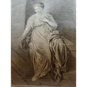 Late 18th Century Drawing, Depicting A Young Woman Sitting With A Pensive Expression.