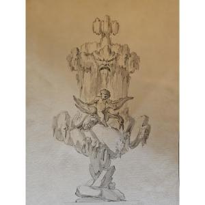 Fountain Project With Putto, 17th Century, Italy, Gray Ink.