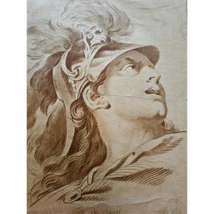 Large Engraving In The Manner Of Red Chalk Presenting The Head Of Jason, By Jf De Troy. 18th Century.