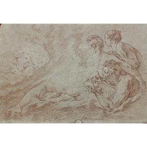 Large French Drawing, Allegory Of The Source. Red Chalk. 18th Century.