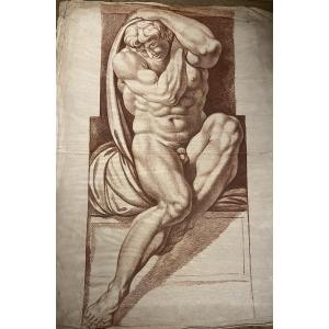 Important Drawing, Sanguine , XVIII Teen Century, Atlante , Copy Of A XVI Teen Century Drawing.