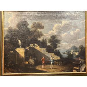 Large Oil On Canvas, In The Italian Style, Ruins, Roman Landscape, Couple. 18th Century.
