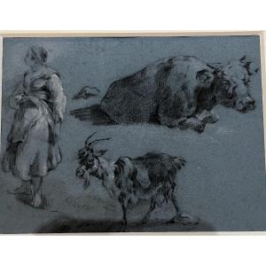 Beautiful Drawing On Blue Paper, 18th Century, Young Peasant Woman, Goat And Ox, Follower Of Huet.
