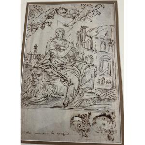 Large 18th Century Drawing, St. Thecla Seated On A Lion, In A Landscape With Ruins.
