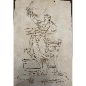 Large Pen Drawing On Pencil Lines, Young Woman, Baccante, With Bunch Of Grapes.