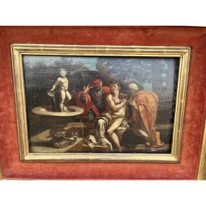 Oil On Panel, Susanna And The Elders, 17th Century.
