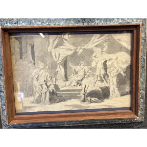 Interesting Ink Wash Drawing, Inked And Graphite, Antique Scene, Spanish Frame.