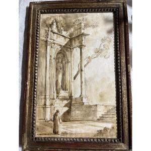 18th Century Drawing, Animated Roman Ruins. 18th Century Frame.