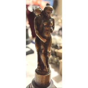 Bronze Statuette, Slightly Erotic Subject, Satyr And Nude Young Girl. 19th Century.