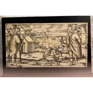 Engraved Ivory Plaque, From A Cabinet, 17th Century. The Return Of The Prodigal Son.