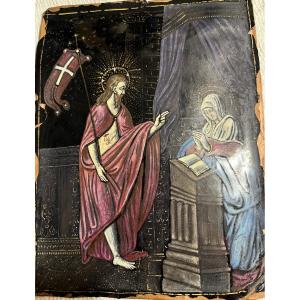 Limoges Plaque, Enamel, XVII Teen Century. Christus Appelés To The Virgin