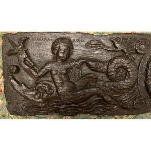 Carved Oak Panel, 16th Century, Depicting A Nude Goddess Reclining On A Sea Crocodile.
