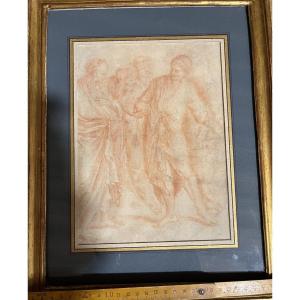 Large Sanguine Drawing, 17th Century, Men Dressed In Antique Style Discussing. 