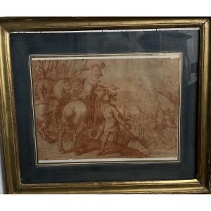 Red Chalk Drawing, Battle Scene, 17th Century. School Of Tempesta.