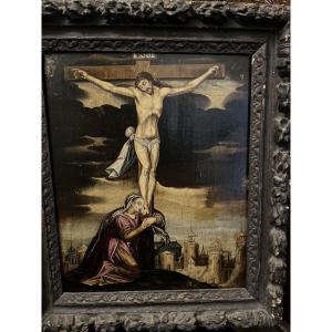Crucifixion, Oil On Panel, 17th Century, Louis XIII Period Frame.