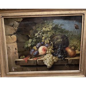 Large Oil On Canvas, Still Life With Fruit. 19th Century, France.