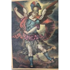 Oil On Canvas, Cuzco School, St. Michael Slaying The Dragon. Late 17th Century. 