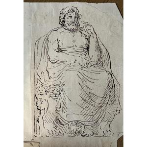 Drawing, An Antic God Sitting On A Trône With Lions Legs As Support. Attributed To Hubert Robe.