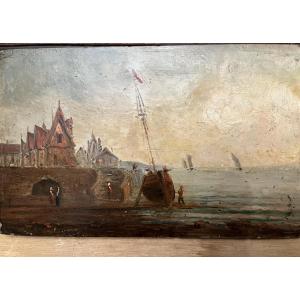Oil On Canvas, Seascape With Fishermen. 19th Century. 