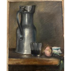 Pastel, Late 19th Century, Still Life With Pitcher And Glass. France.