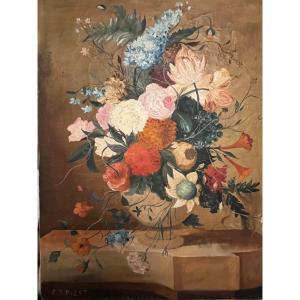 Large Oil On Canvas, Decorated With A Profusion Of Flowers, In The Style Of The 18th Century. 20th Century.